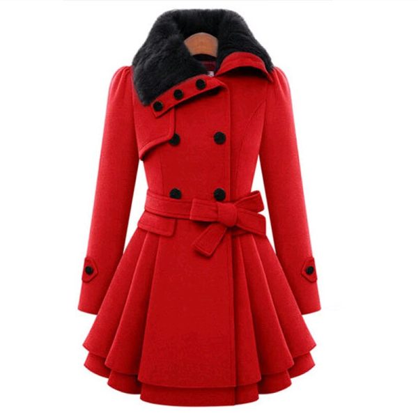 Women Fur Lapel Button Warm Overcoat 2021 Autumn Slim Double-Breasted Woolen Coat Trench Elegant Lace-Up Pleated Ruffle Jackets