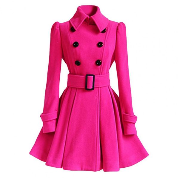 Women Winter Coat Thick Midi Length Solid Color Double-breasted Lapel Keep Warm A-line Loose Hem Tight Waist Lady Dress Jackets