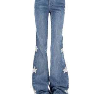 Vintage Men Korean Blue Streetwear Retro Blue Star Aesthetic Straight Trousers Jeans Grunge Denim Flare Pants Women Clothes