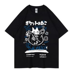 Hip Hop Women T-Shirt Streetwear Japanese Kanji Funny Cat Print Short Sleeve T Shirt Summer Clothes Tops