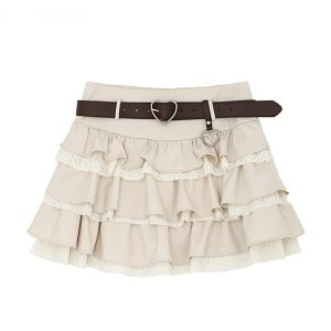 New Lace Patchwork A-line High Waist with Belt Women Cake Mini Skirts  Zipper Design Female Skirt Vintage Gothic Style