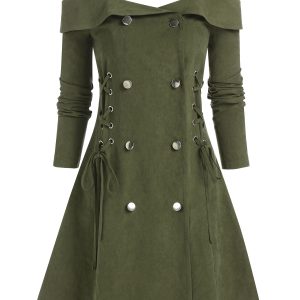 Cold Shoulder Button Up Lace-up Dress A Line Mini Double Breasted Long Sleeve Deep Green Casual Robe For Women Fall Spring