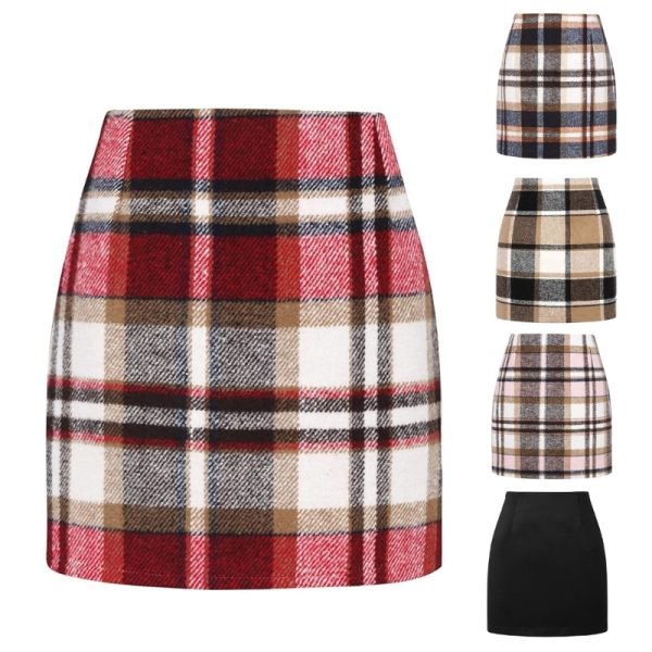 Autumn Winter Plaid Wool Mini Skirt for Women Woolen Checked Vintage Office Ladies High Waist Pencil Bodycon Short Skirt