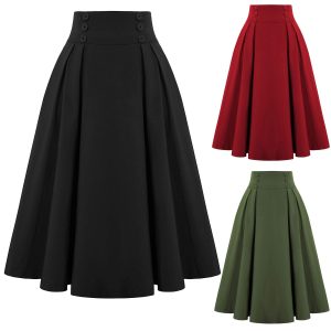 Long Skirt Women Fashion Casual Midi Skirt With Pockets Vintage High Waist Pleated Skirt Black Jupe Longue Femme