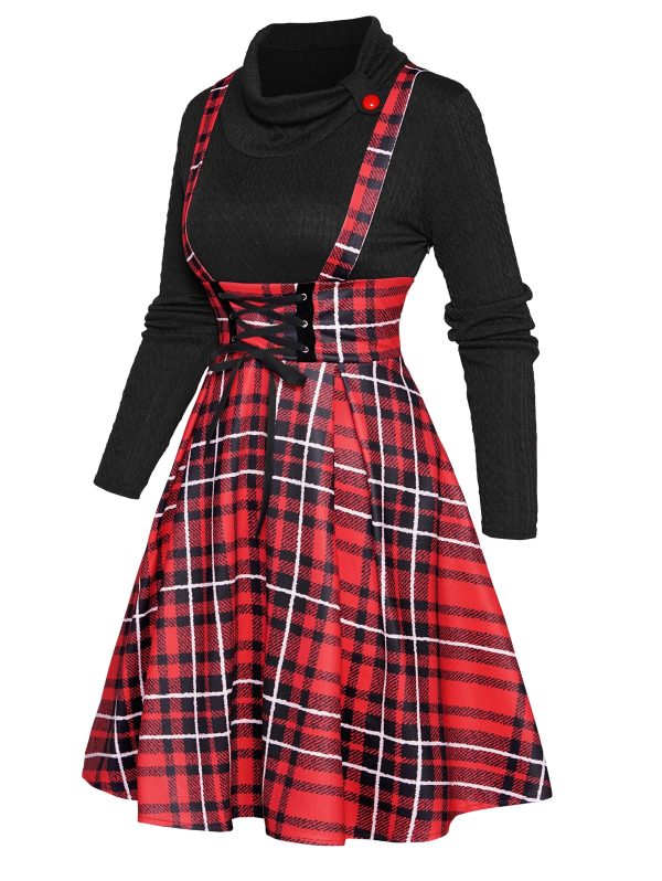 2 in 1 Women Twofer Dress Plaid Print Textured Knit Mini Faux Twinset Dress Lace Up Long Sleeve Robe