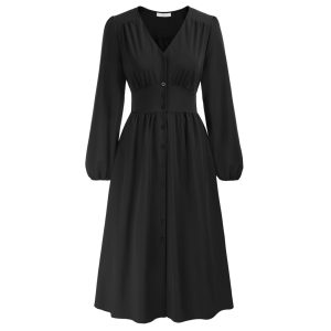 Elegant Lady Fall Party Cocktail Dresses Women Office Solid Midi Dress Long Lantern Sleeve V Neck Smocked Waist A-Line Dress A30