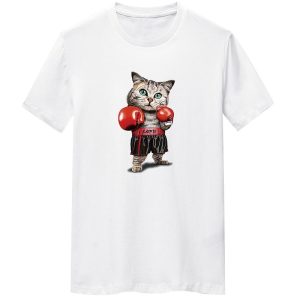 New 100% Cotton Men's Round Neck T-shirt. Casual Short Sleeve Shirt. Neck and Cat Print Fashion Breathable T-shirt Top