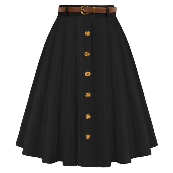 Belle Poque Women's Stretch High Waist A-Line Flared Midi Skirts With Pockets & Belts Solid Mid-calf Swing Skirts Lady A20