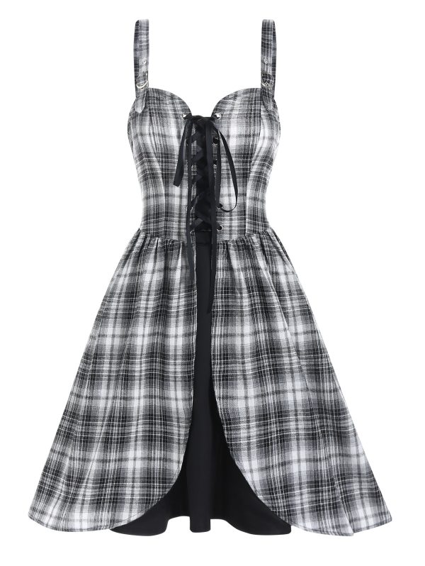 A Line Mini Sleeveless Plaid Print Lace-Up Front Buckle Strap Chic Dresses Lace-Up Robe for female