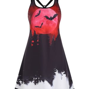 Dressfo Halloween Gothic Dress Bat Blood Moon Night Print Mini Dress Summer Sleeveless Backless Women Casual Dress