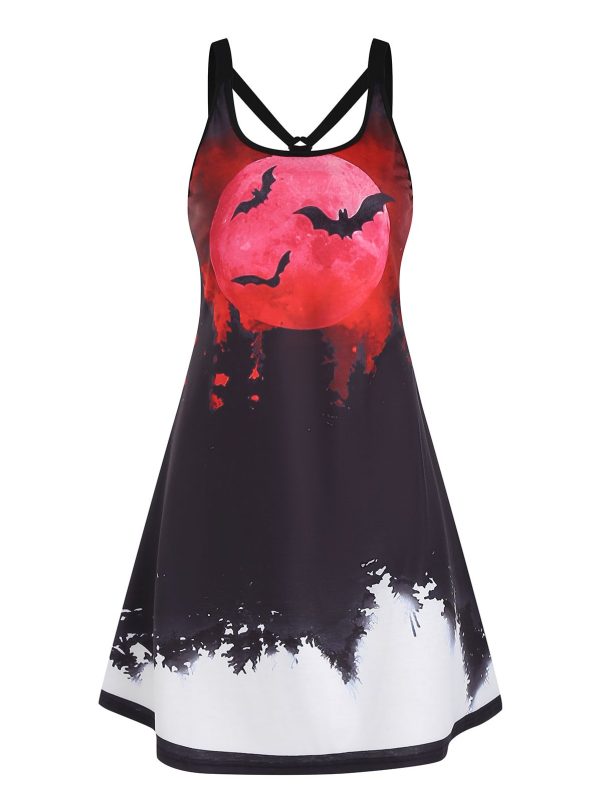 Dressfo Halloween Gothic Dress Bat Blood Moon Night Print Mini Dress Summer Sleeveless Backless Women Casual Dress