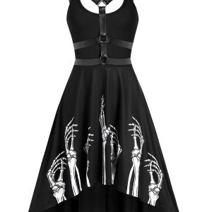 Gothic Women Dress Skeleton Print Harness Insert High Low Flare Dress Casual A Line Midi Summer Dress Vestidos Oversized 3XL